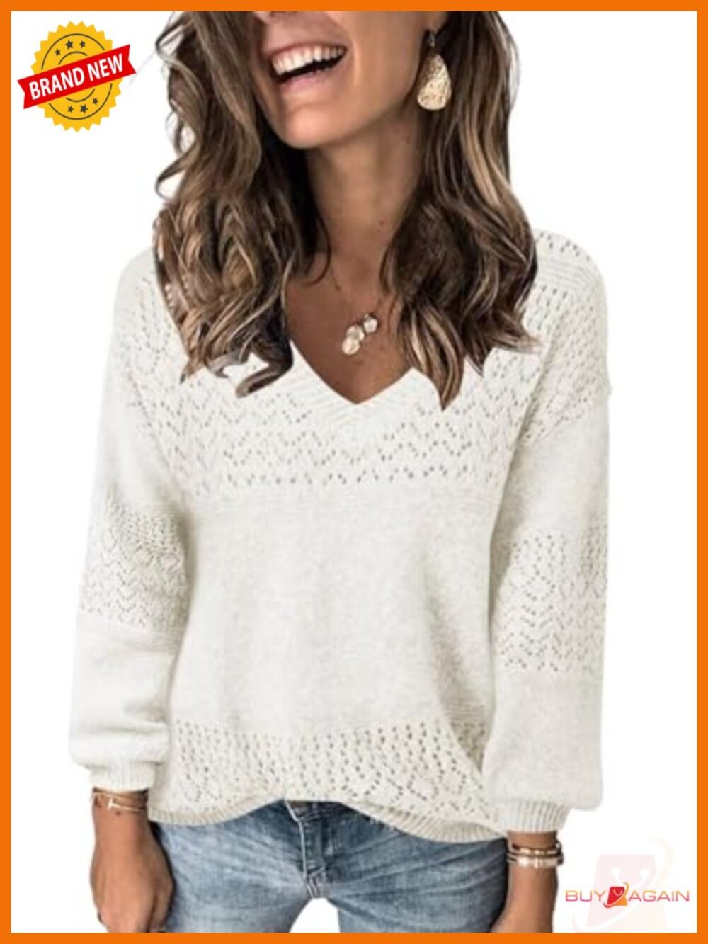 V Neck Long Sleeve Hollow Knit Pullover Sweater Lightweight Crochet
